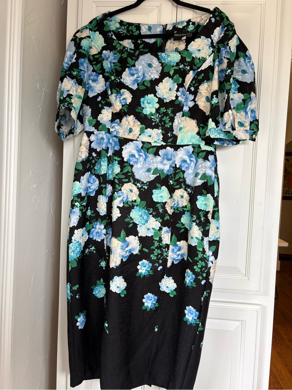 Maison Tara Black Floral Midi Dress with Puff Sleeves Size 16